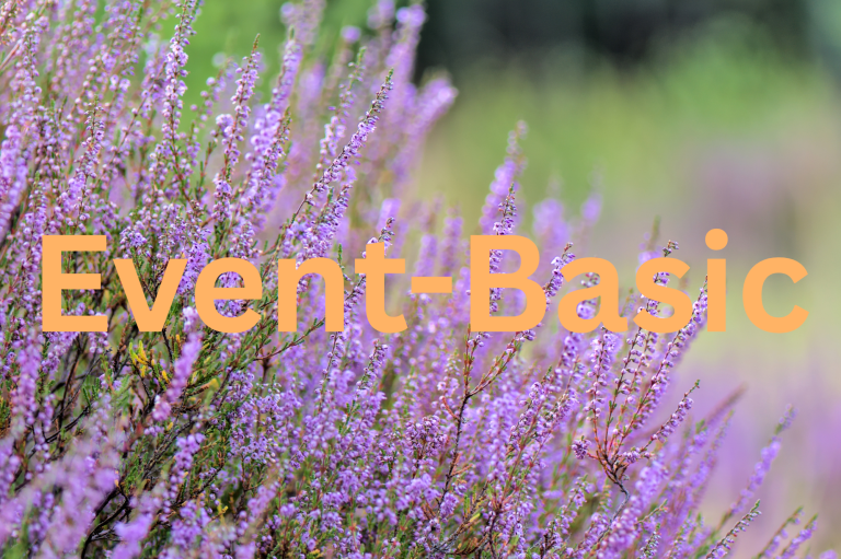 Heidepflanze im Hintergrund. Im Vordergrund orangefarbene Schrift mit dem Titel "Event-Basic"