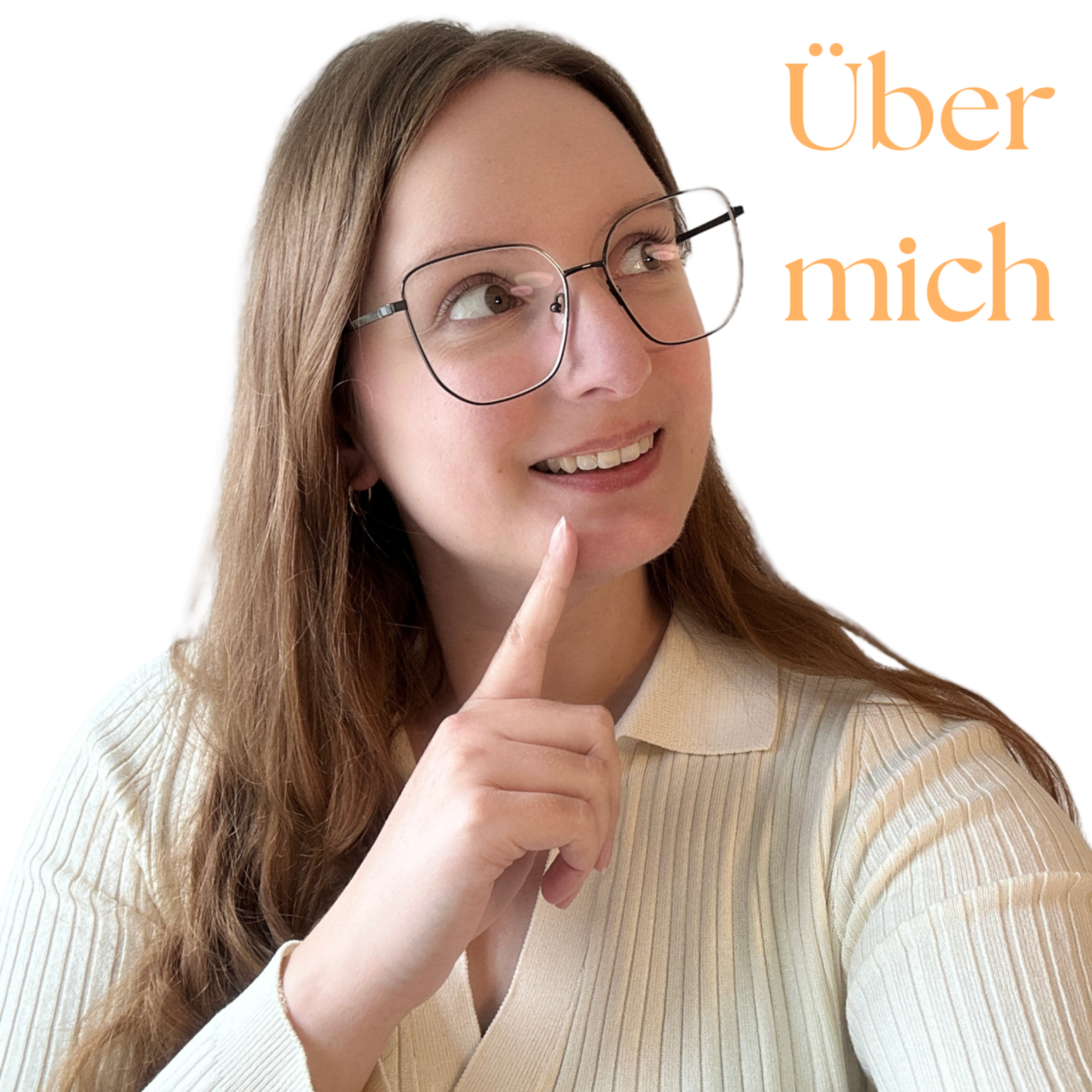 Frau mit Laptop und Aufschrift "Über mich"